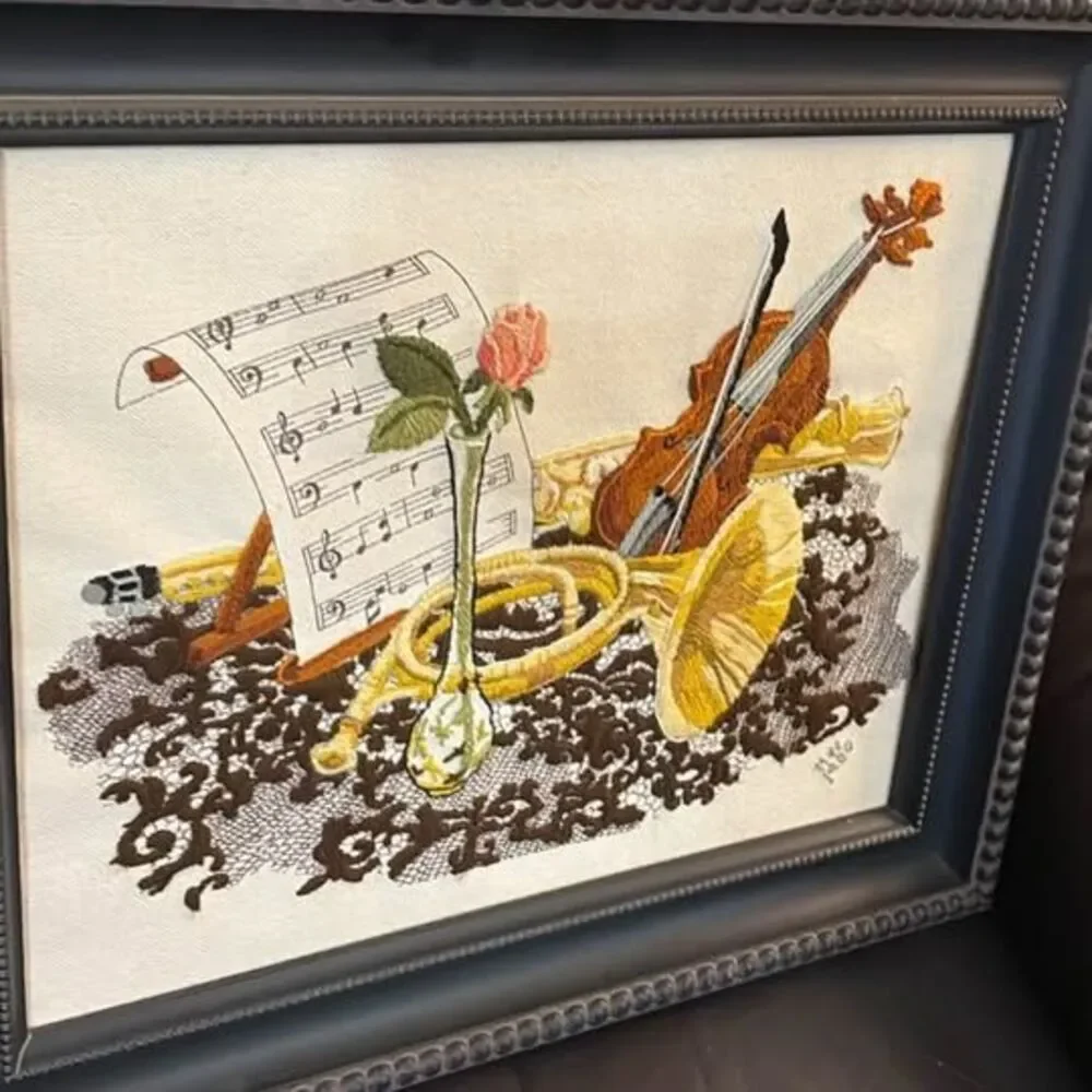 Vintage 1980 Musical Instrument Needlepoint Framed Art